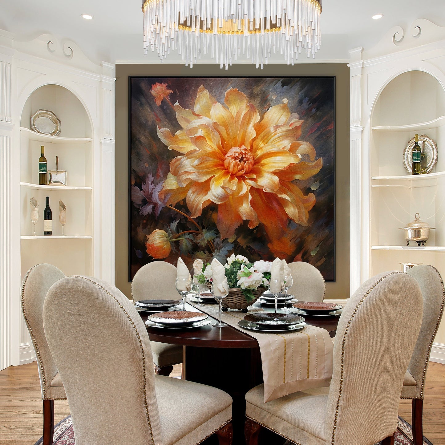 Golden Dahlia Floral Oil Painting for Home Decor and Art Collectors