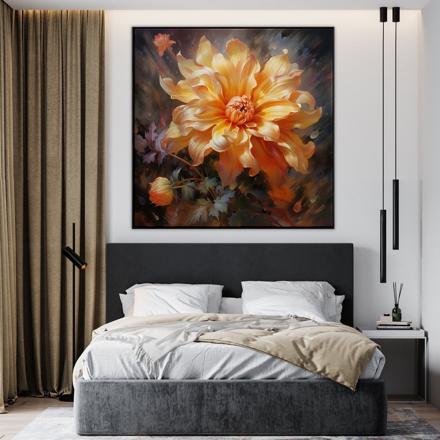 Golden Dahlia Floral Oil Painting for Home Decor and Art Collectors