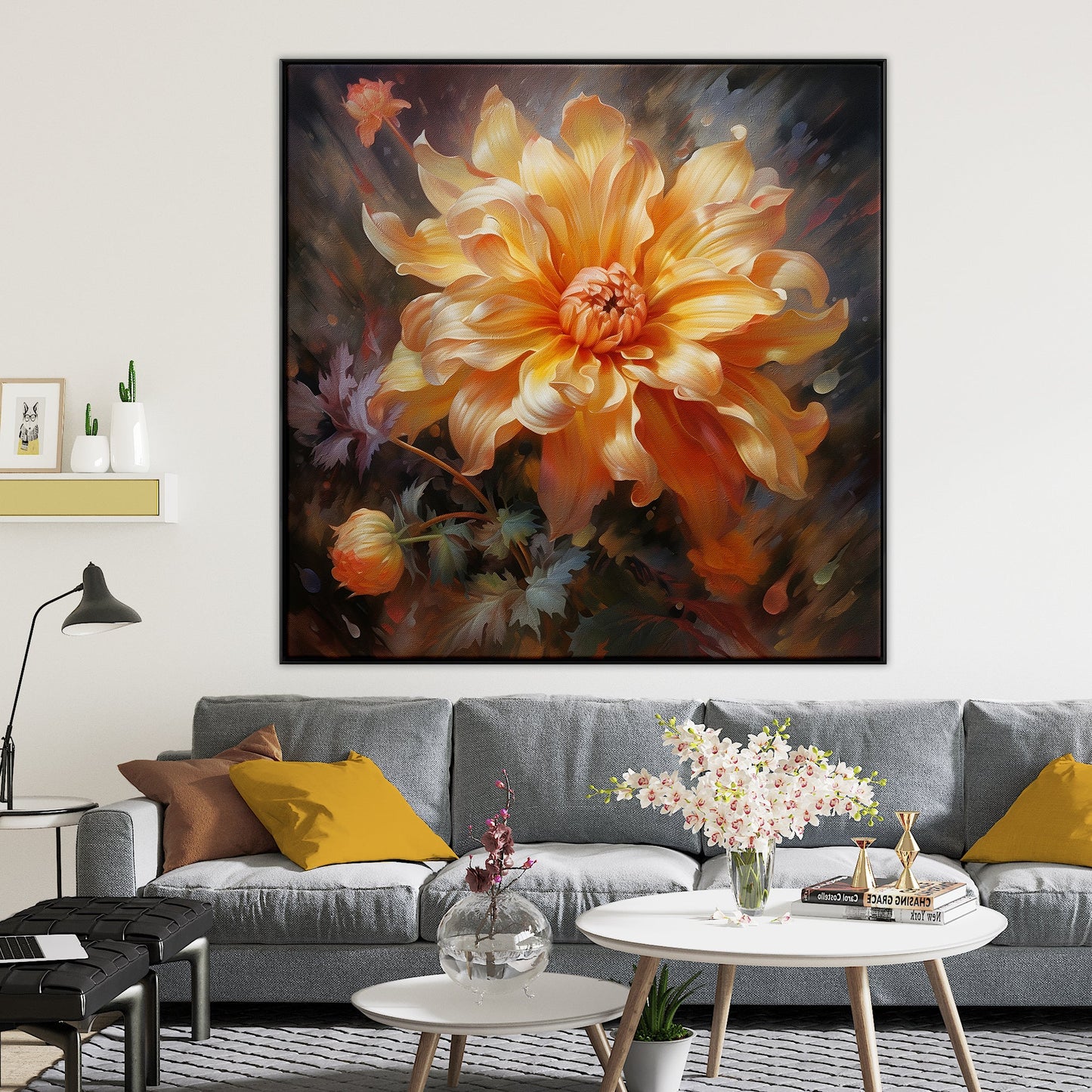 Golden Dahlia Floral Oil Painting for Home Decor and Art Collectors