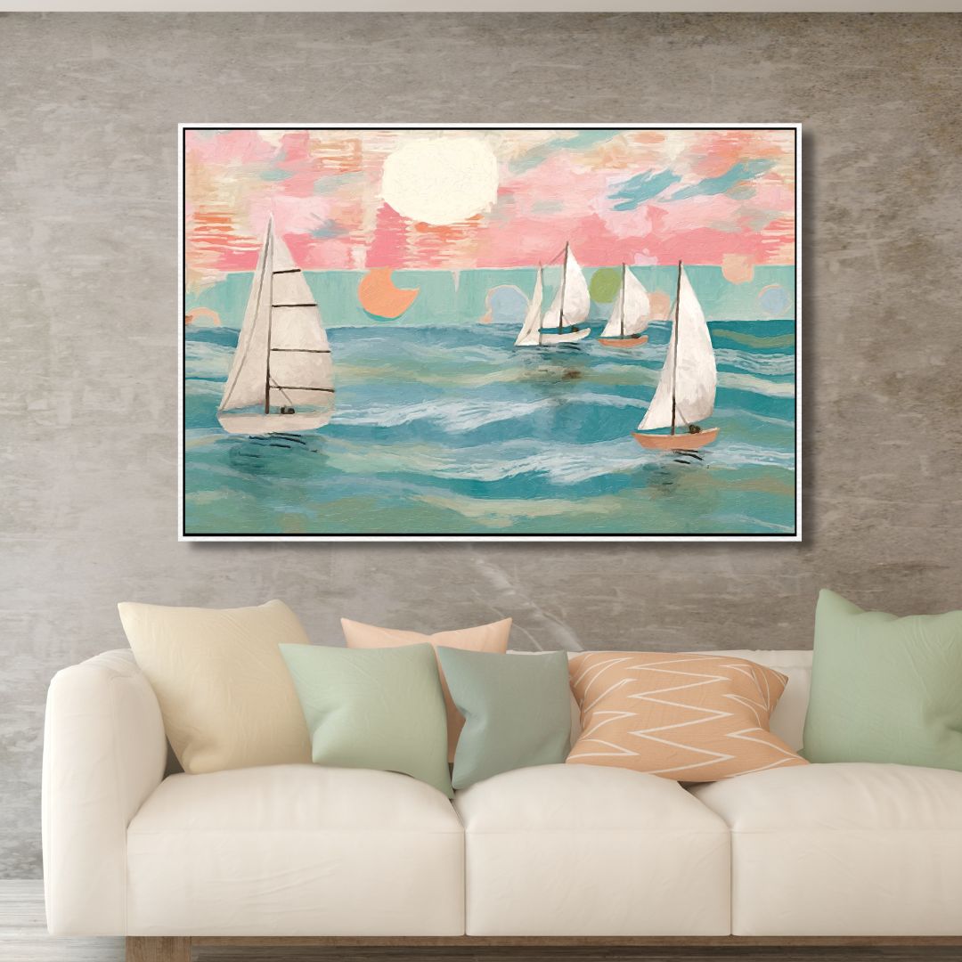 Abstract Sailing Boats Oil Painting for Coastal Home Decor