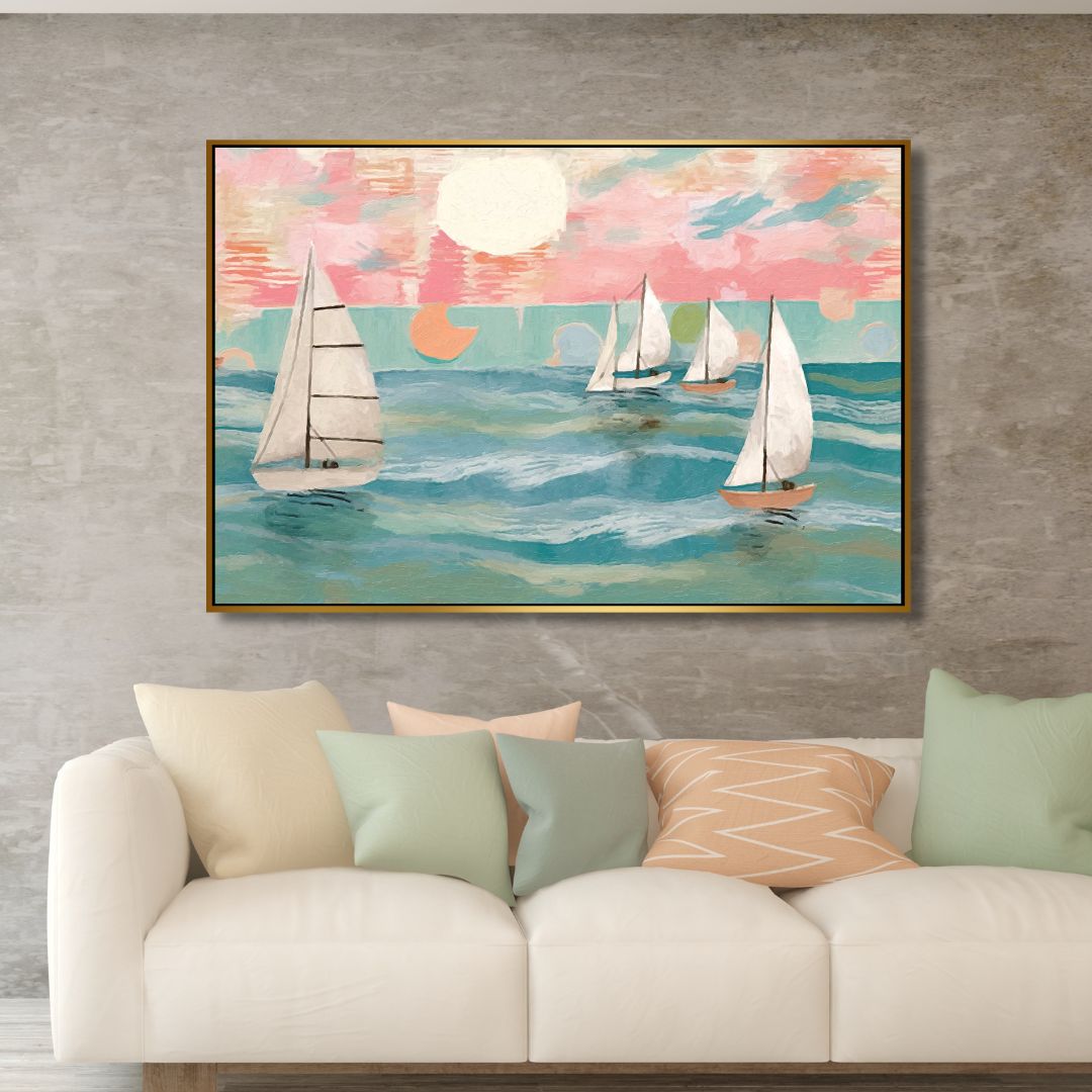 Abstract Sailing Boats Oil Painting for Coastal Home Decor