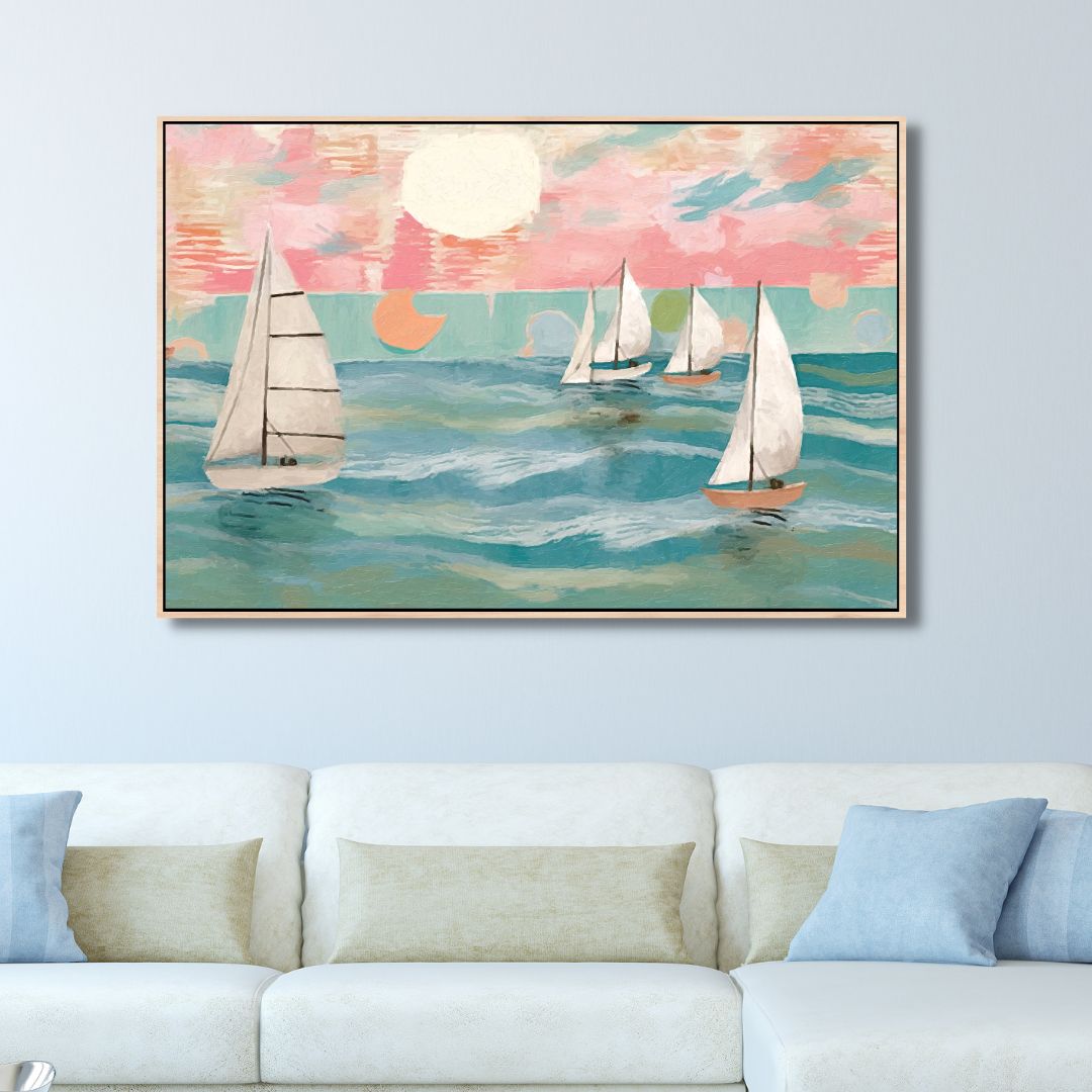 Abstract Sailing Boats Oil Painting for Coastal Home Decor