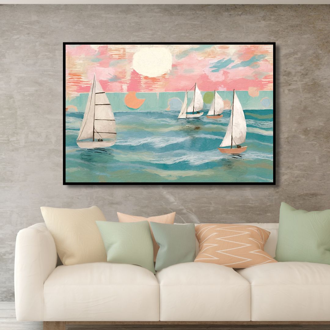 Abstract Sailing Boats Oil Painting for Coastal Home Decor