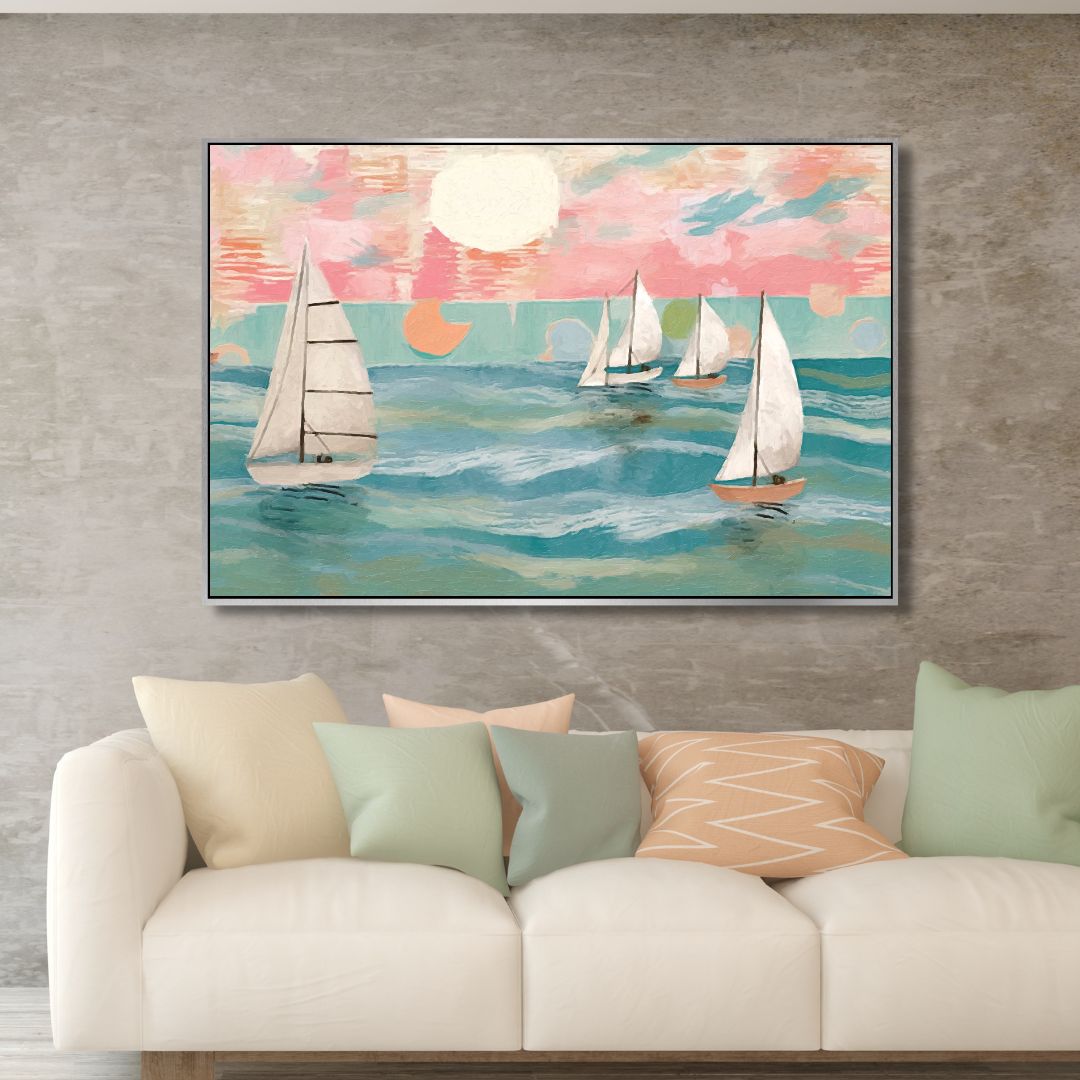 Abstract Sailing Boats Oil Painting for Coastal Home Decor