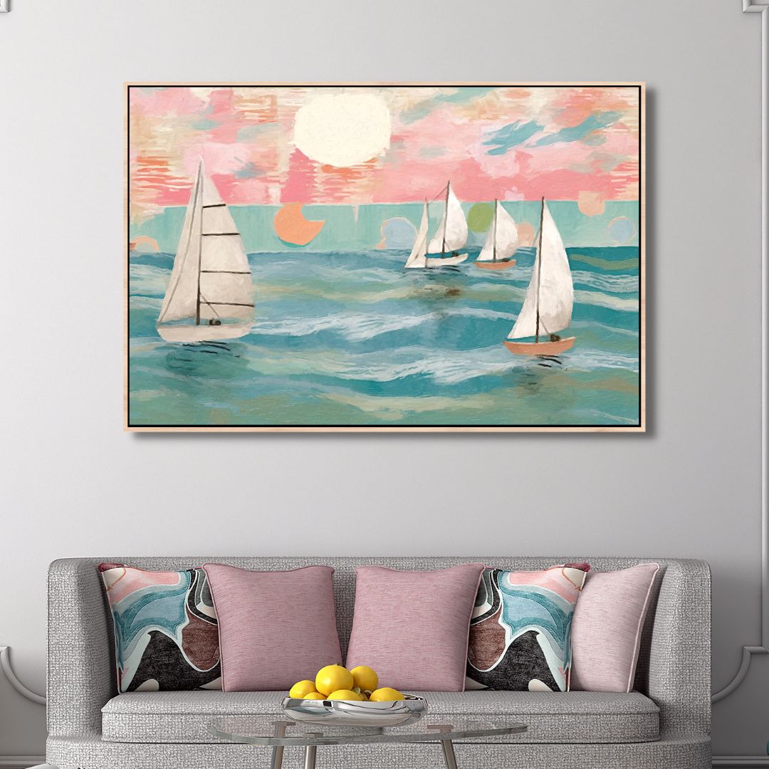 Abstract Sailing Boats Oil Painting for Coastal Home Decor