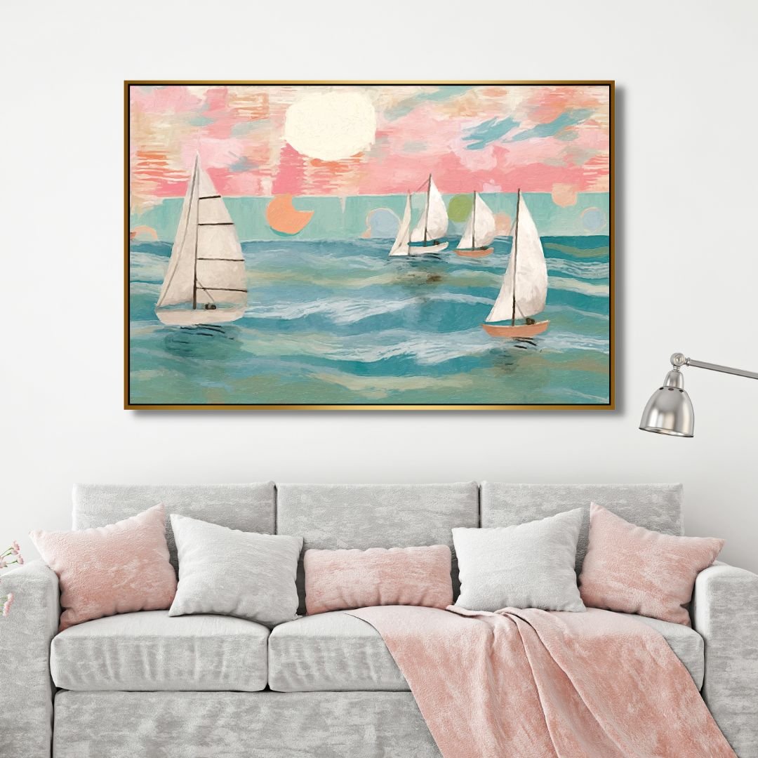 Abstract Sailing Boats Oil Painting for Coastal Home Decor