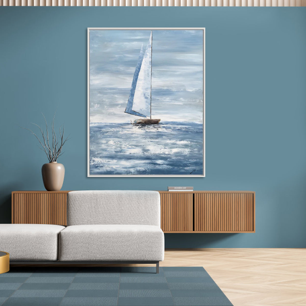 Tranquil Sailing Scene: Serene Oil Painting of a Boat on Calm Waters