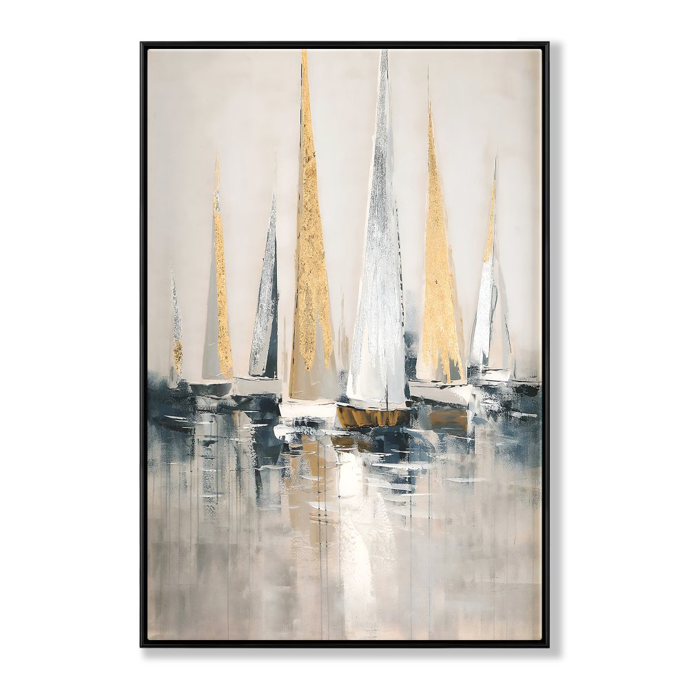 Elegant Seascape Oil Painting of Majestic Sailing Boats in Tranquil Waters