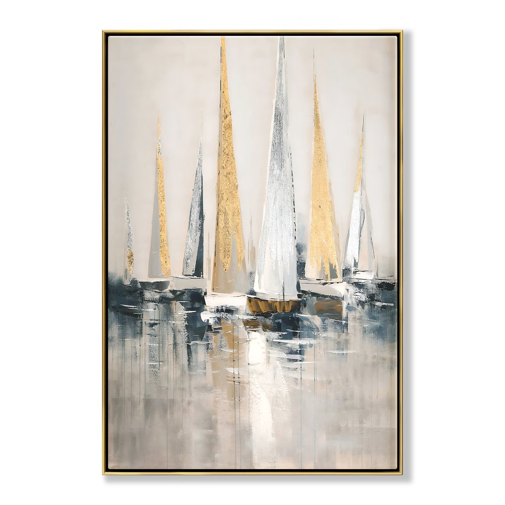 Elegant Seascape Oil Painting of Majestic Sailing Boats in Tranquil Waters