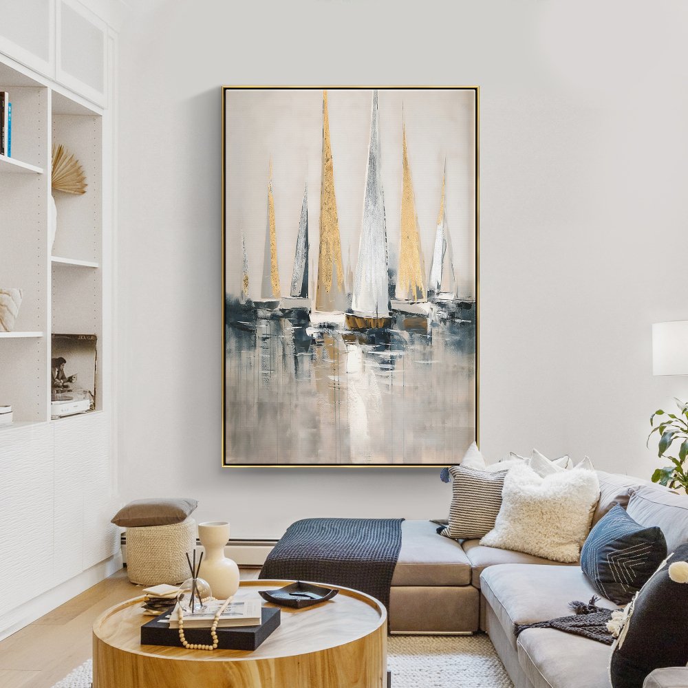 Elegant Seascape Oil Painting of Majestic Sailing Boats in Tranquil Waters