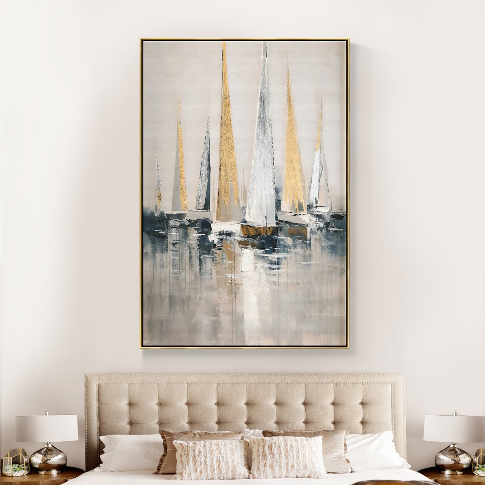 Elegant Seascape Oil Painting of Majestic Sailing Boats in Tranquil Waters