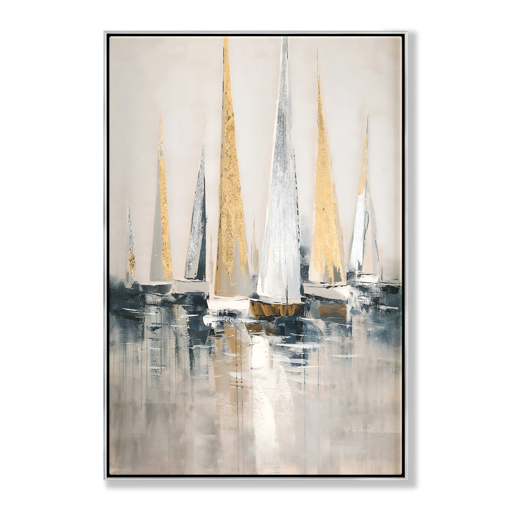 Elegant Seascape Oil Painting of Majestic Sailing Boats in Tranquil Waters
