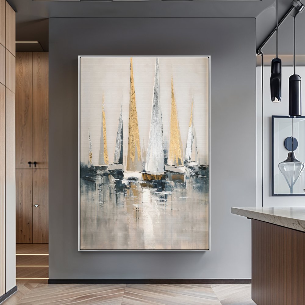 Elegant Seascape Oil Painting of Majestic Sailing Boats in Tranquil Waters