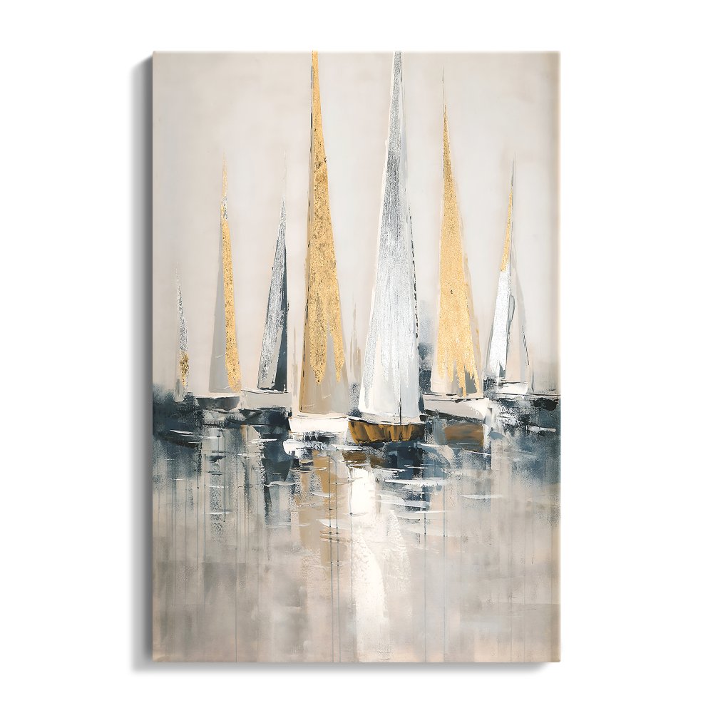 Elegant Seascape Oil Painting of Majestic Sailing Boats in Tranquil Waters