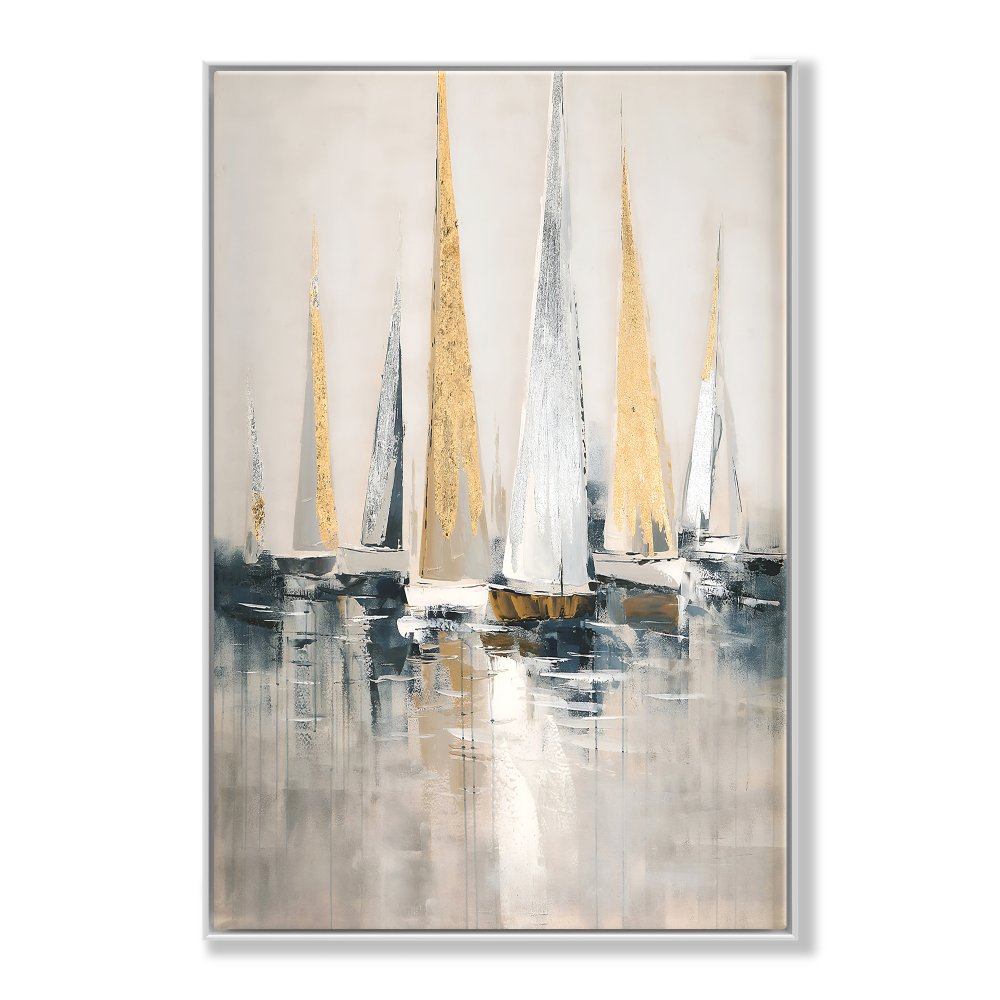 Elegant Seascape Oil Painting of Majestic Sailing Boats in Tranquil Waters