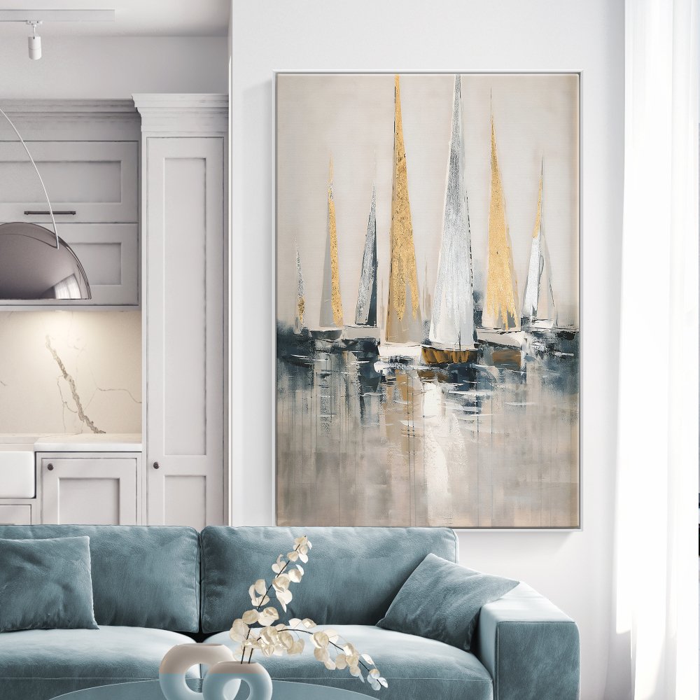 Elegant Seascape Oil Painting of Majestic Sailing Boats in Tranquil Waters