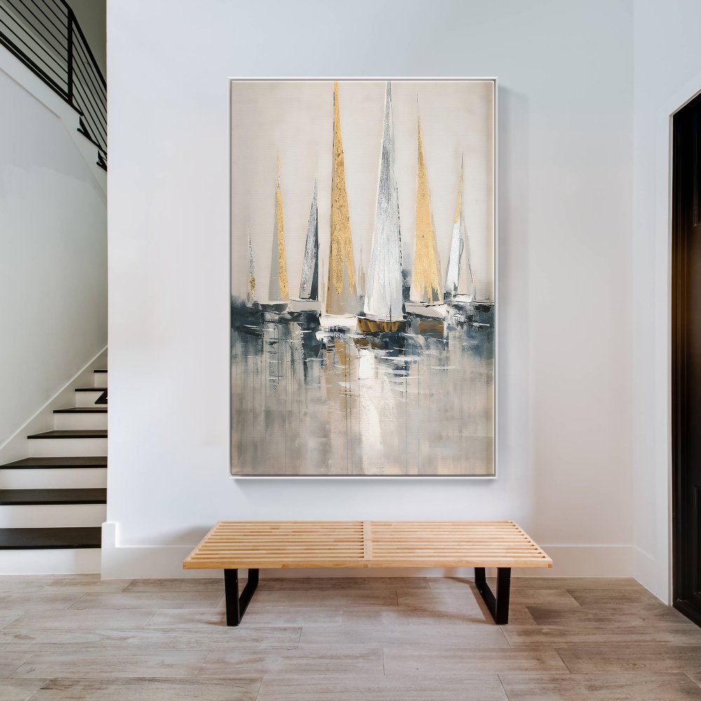 Elegant Seascape Oil Painting of Majestic Sailing Boats in Tranquil Waters