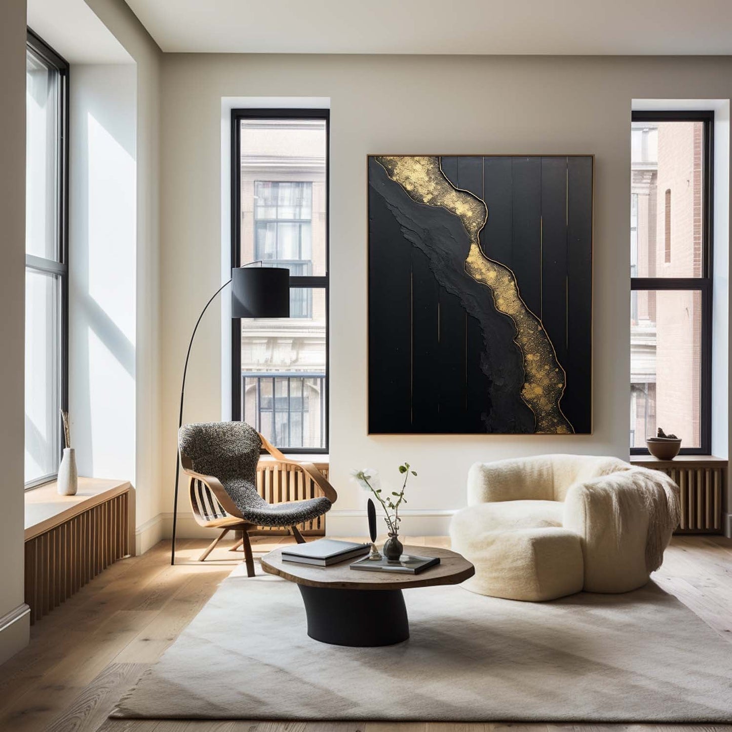 Elegant Black and Gold Minimalist Abstract Oil Painting for Modern Home Decor