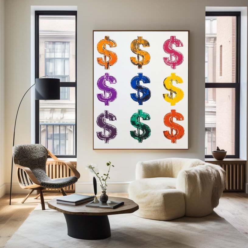 Colorful Dollar Sign Abstract Oil Painting for Modern Home Decor
