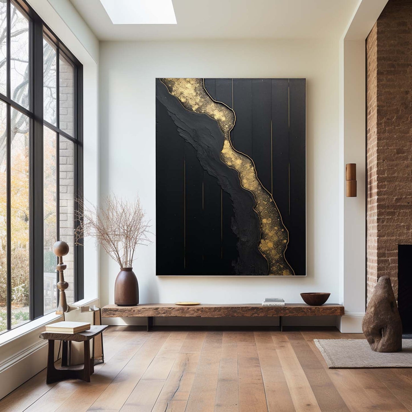 Elegant Black and Gold Minimalist Abstract Oil Painting for Modern Home Decor