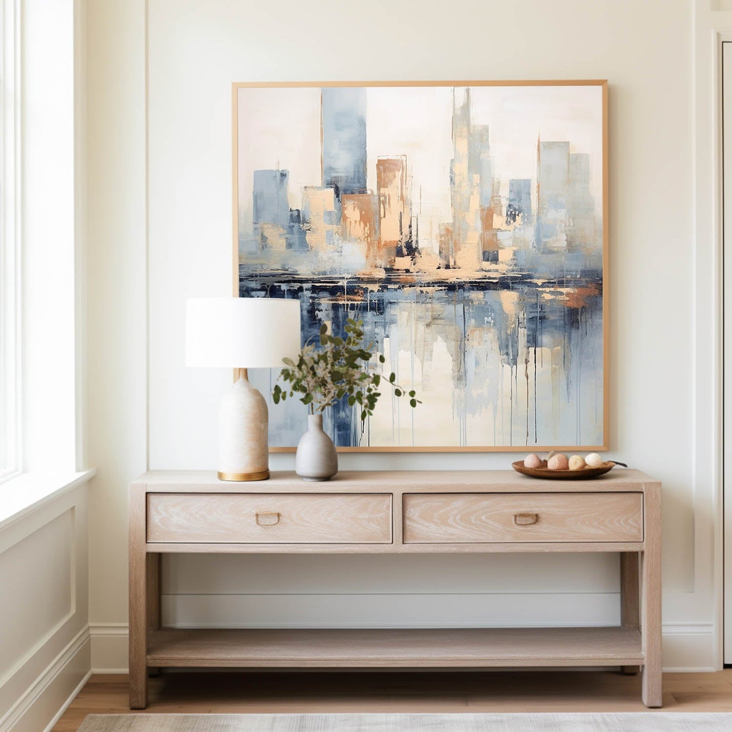 Contemporary Cityscape Oil Painting with Abstract Reflections