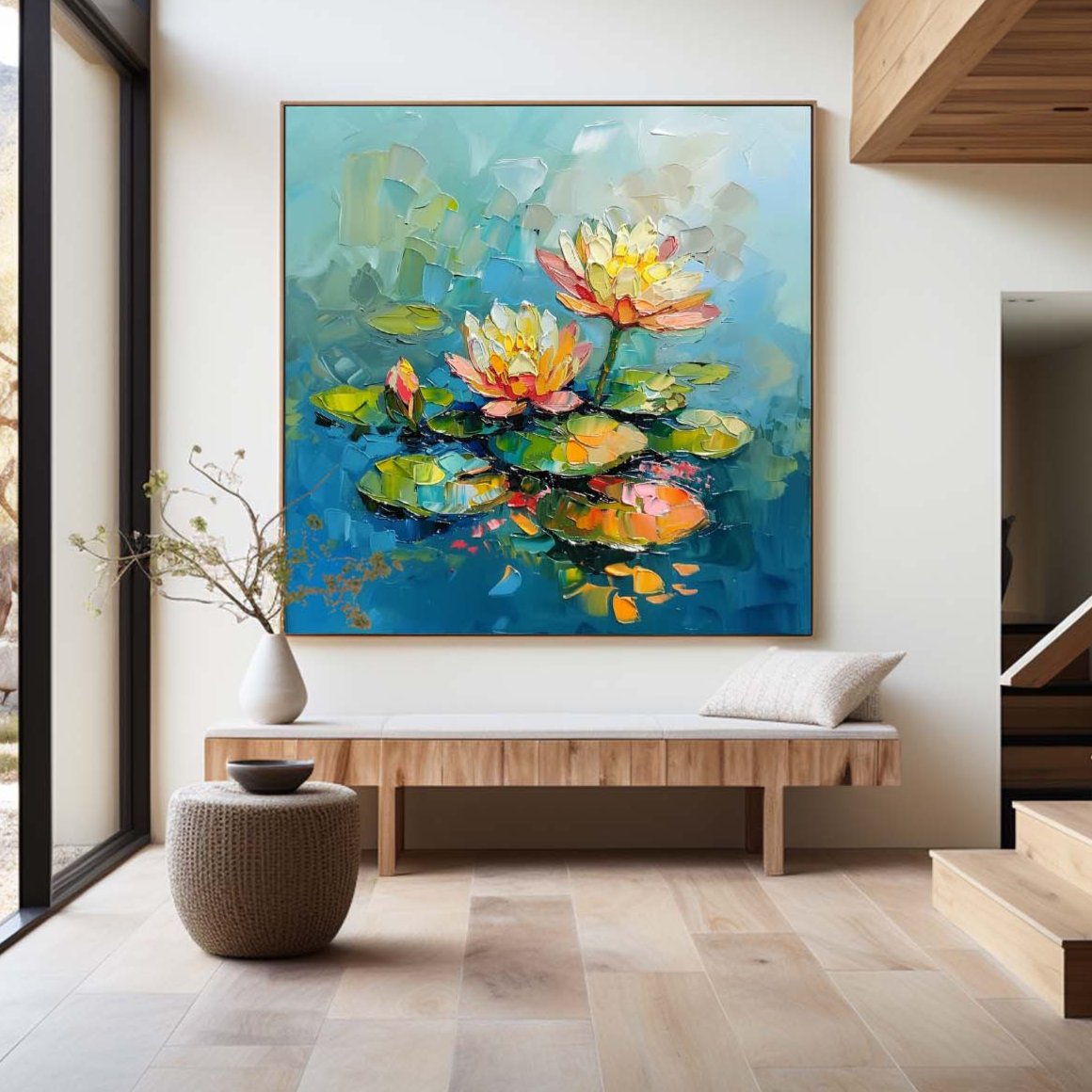 Vibrant Lotus Flowers Oil Painting on Blue Water – Modern Abstract Art Piece