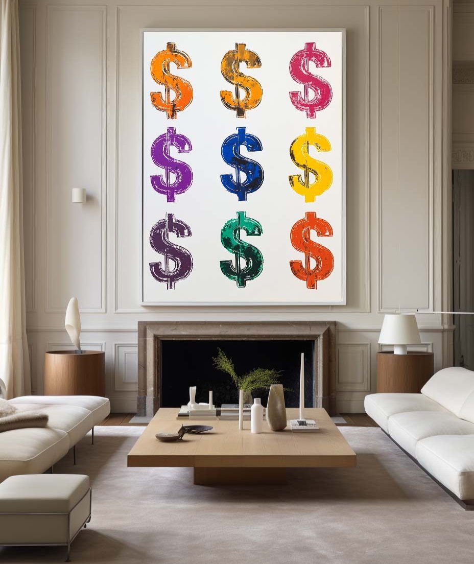 Colorful Dollar Sign Abstract Oil Painting for Modern Home Decor