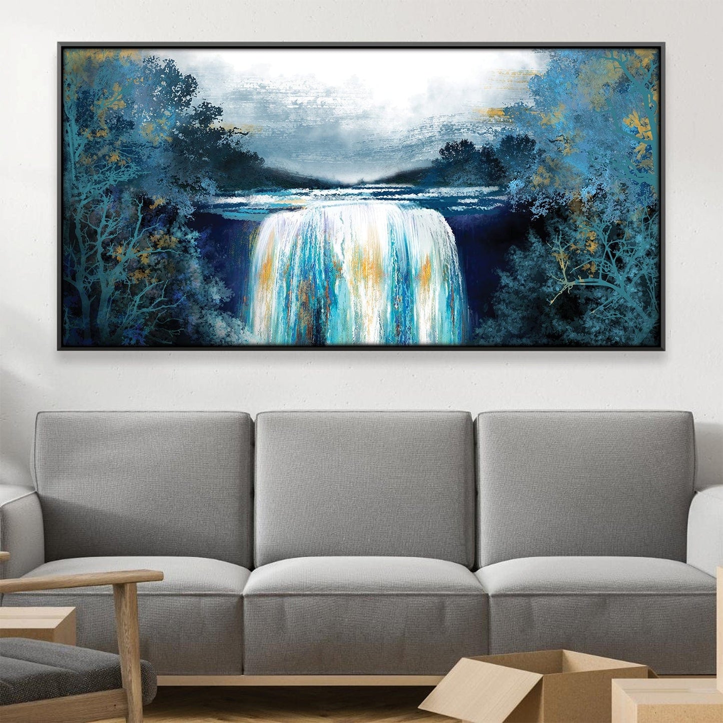 Serene Sapphire Waterfall Oil Painting for Home Decor
