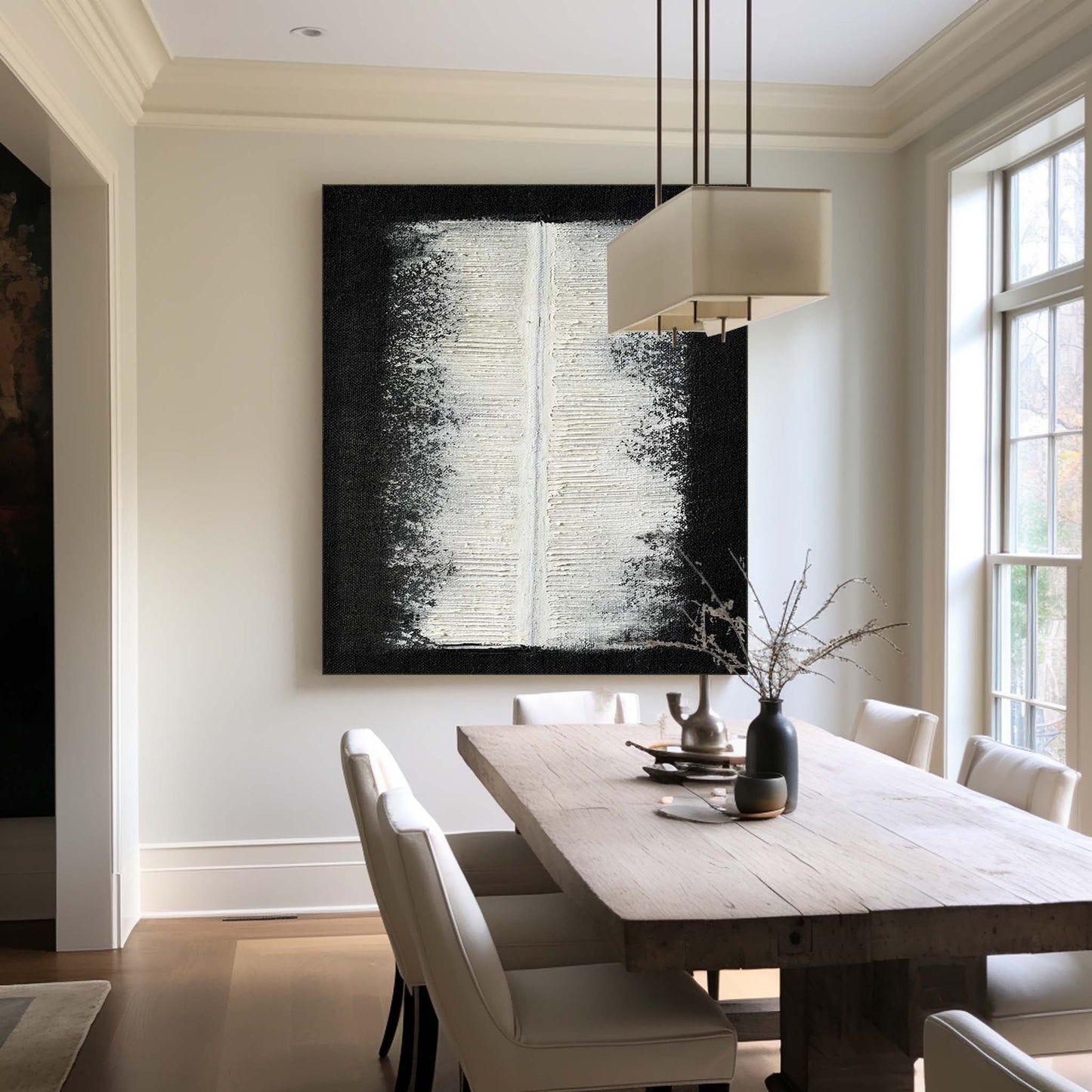 Contemporary Minimalist Black and White Oil Painting for Modern Decor