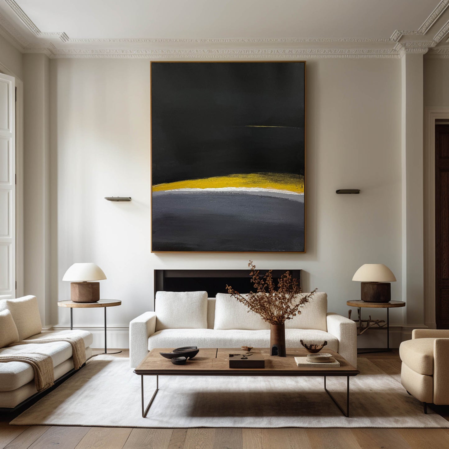 Contemporary Black and Yellow Abstract Oil Painting for Modern Interiors