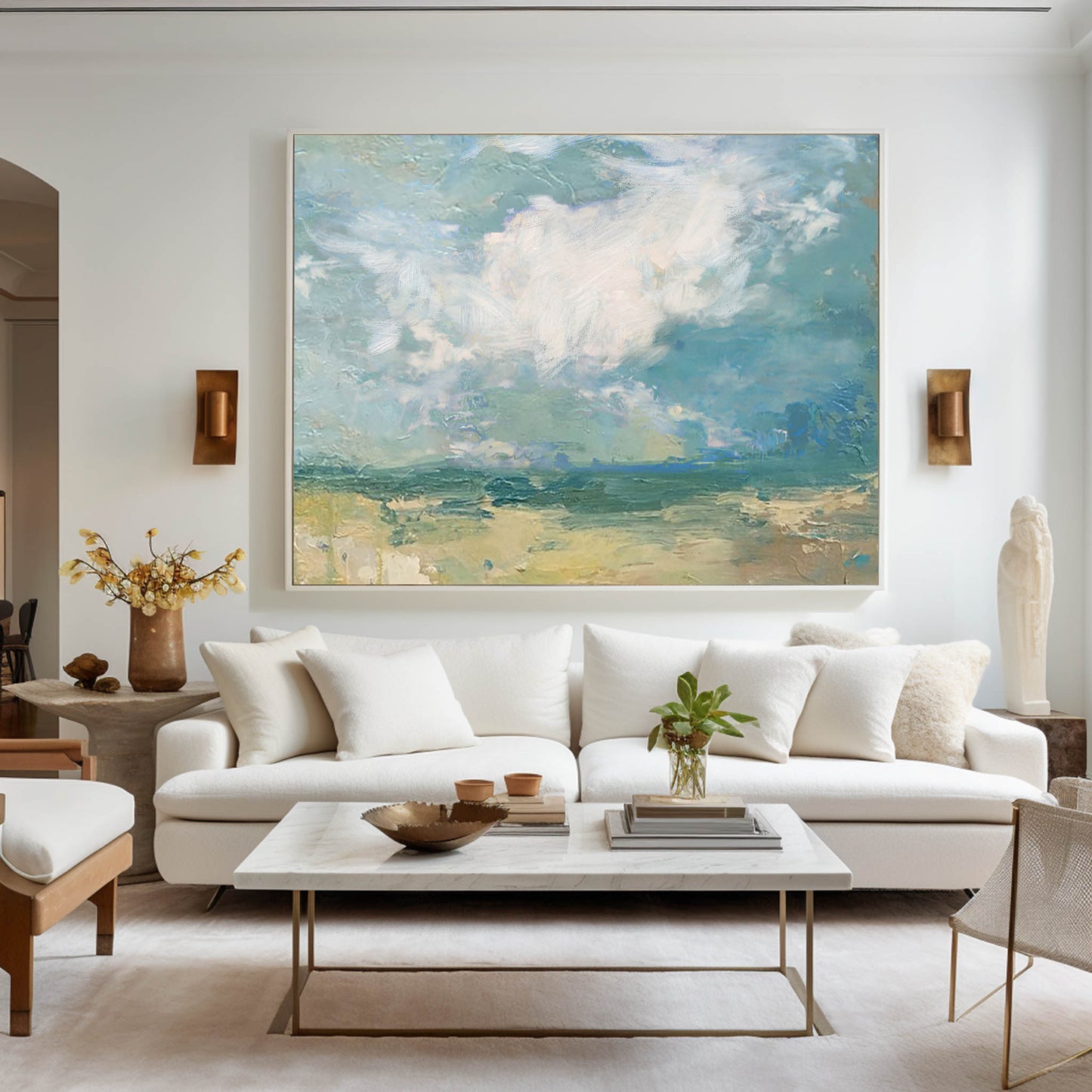 Serene Coastal Sky and Sea Oil Painting for Tranquil Home Decor