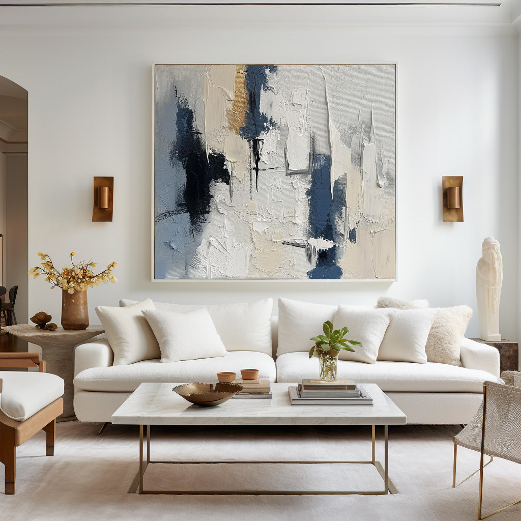 Contemporary Blue and Beige Abstract Oil Painting for Modern Home Decor