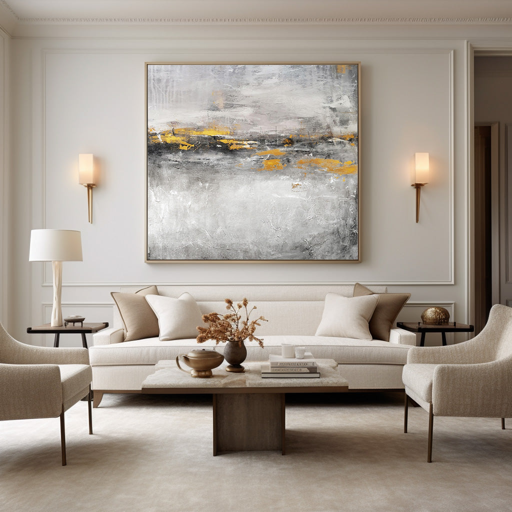 Bold Abstract Landscape Oil Painting with Textured Grays and Vibrant Gold Accents