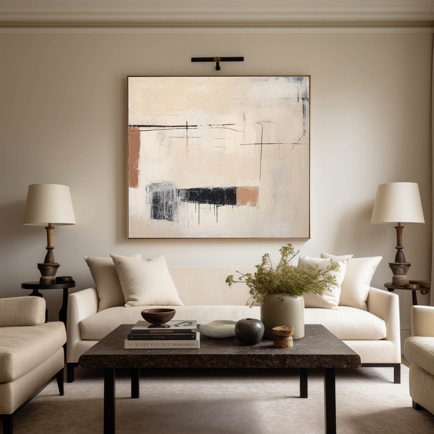 Contemporary Minimalist Oil Painting with Abstract Shapes and Neutral Tones