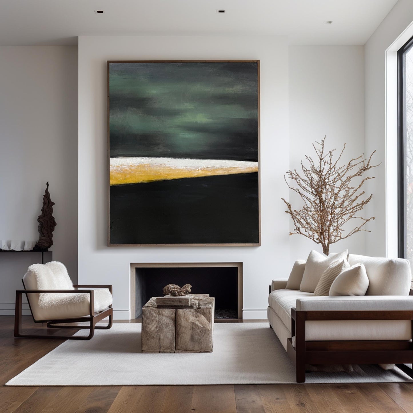 Contemporary Abstract Oil Painting with Green, Black, and Gold Tones for Modern Decor