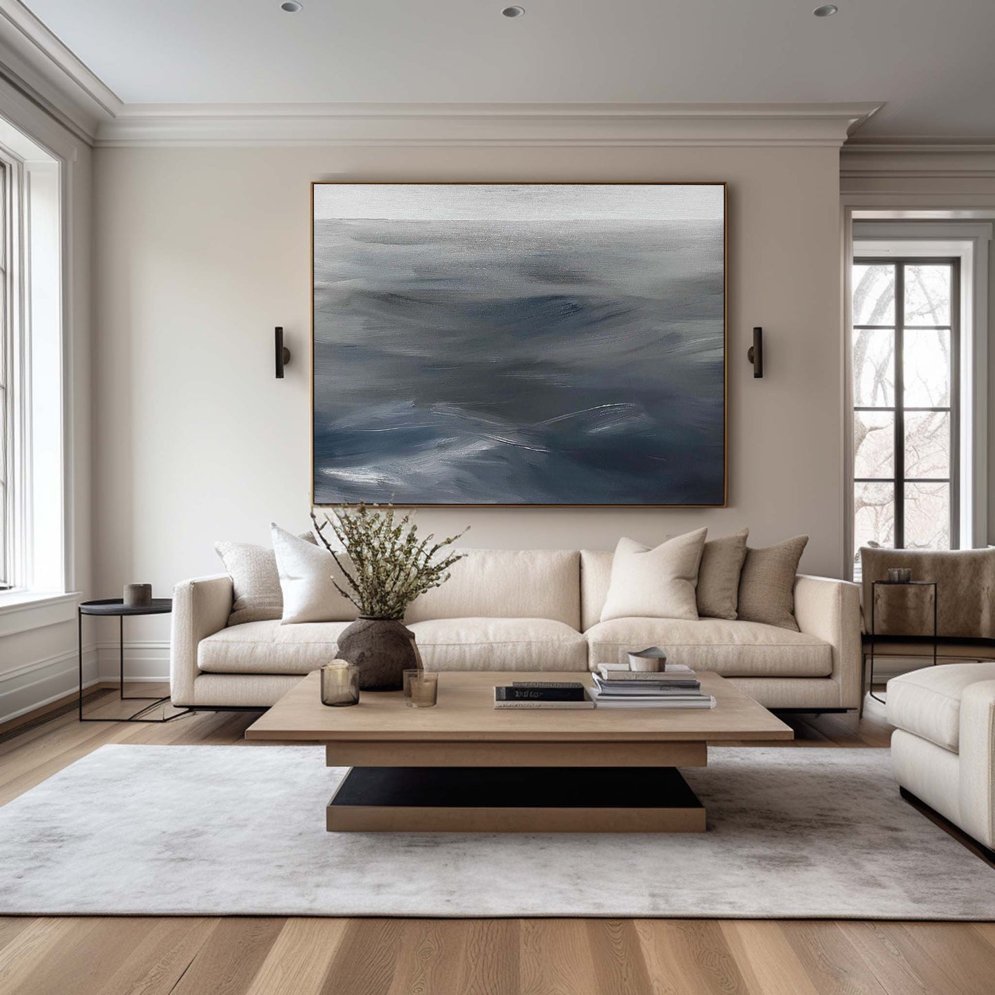 Dynamic Gray Waves - Contemporary Abstract Oil Painting for Modern Home Decor