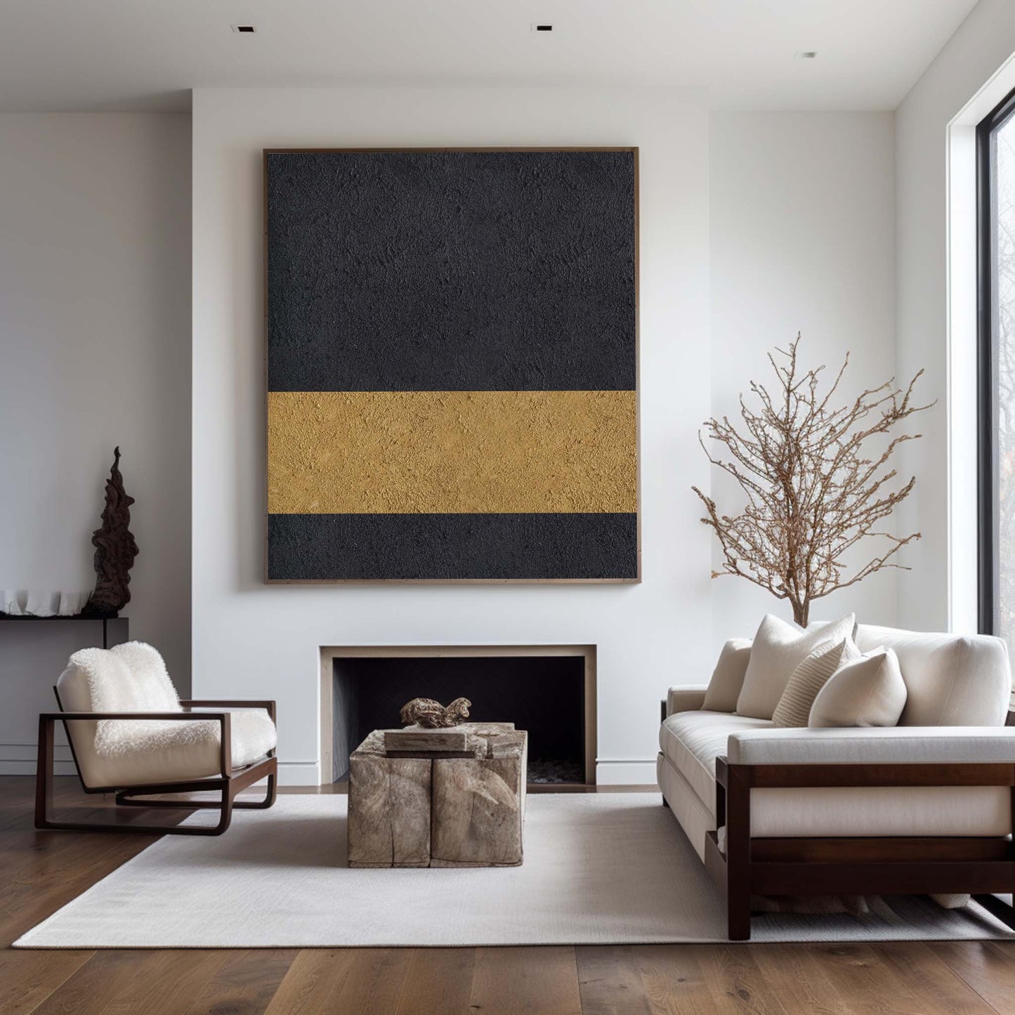 Elegant Black and Gold Abstract Minimalist Oil Painting for Modern Decor