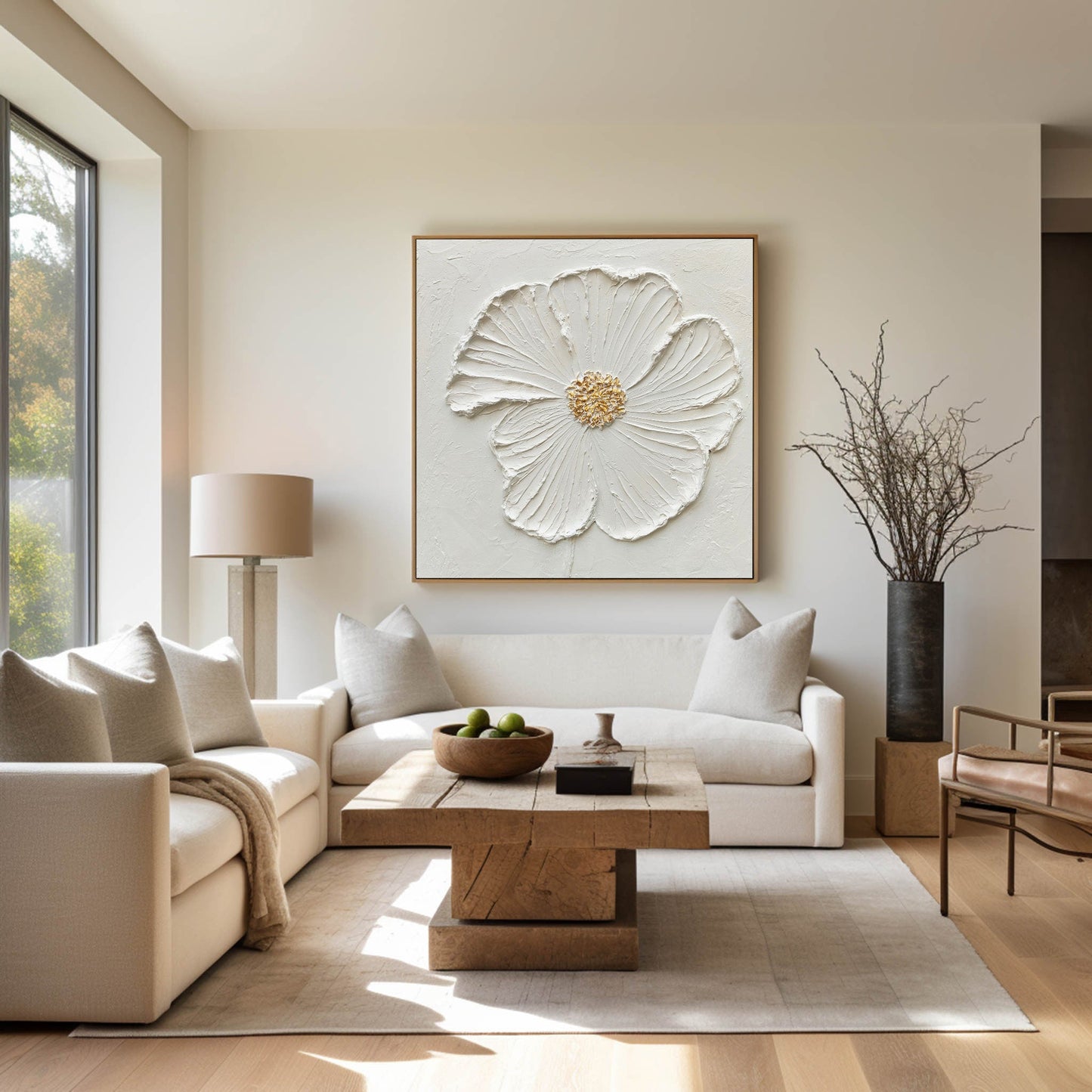 Elegant White Flower Oil Painting with Textured Petals and Gold Accents