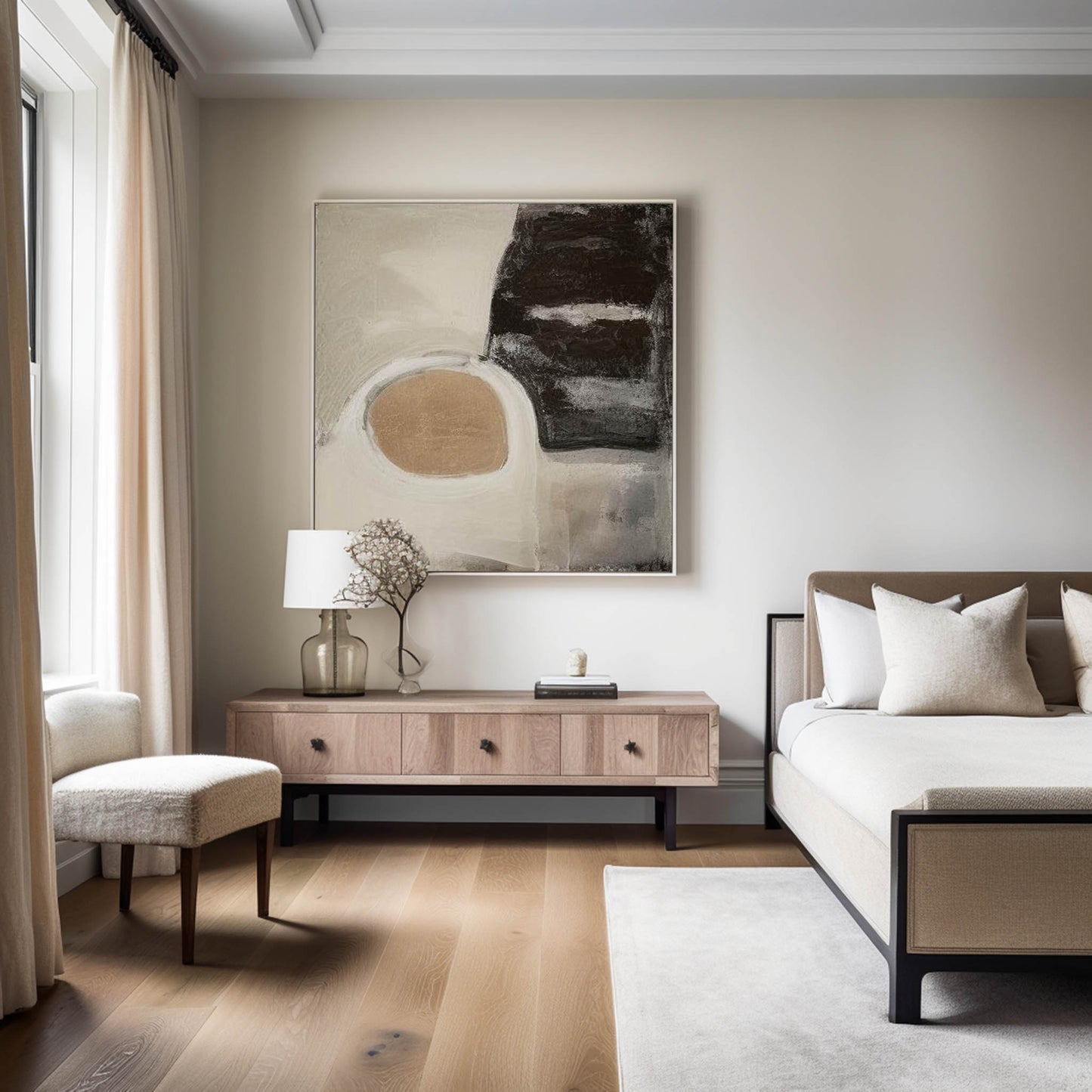 Contemporary Beige and Black Abstract Oil Painting for Modern Home Décor