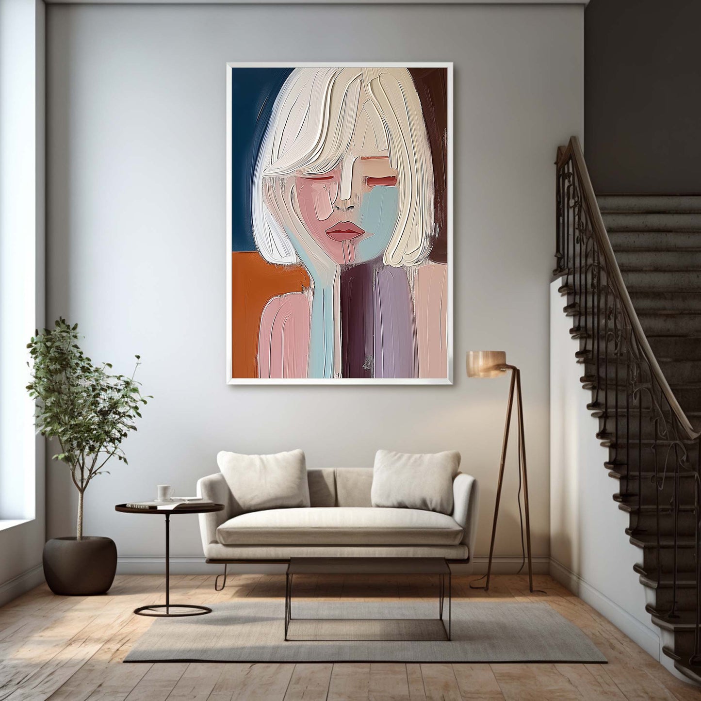 Contemporary Abstract Oil Painting of a Thoughtful Woman in Soft Colors