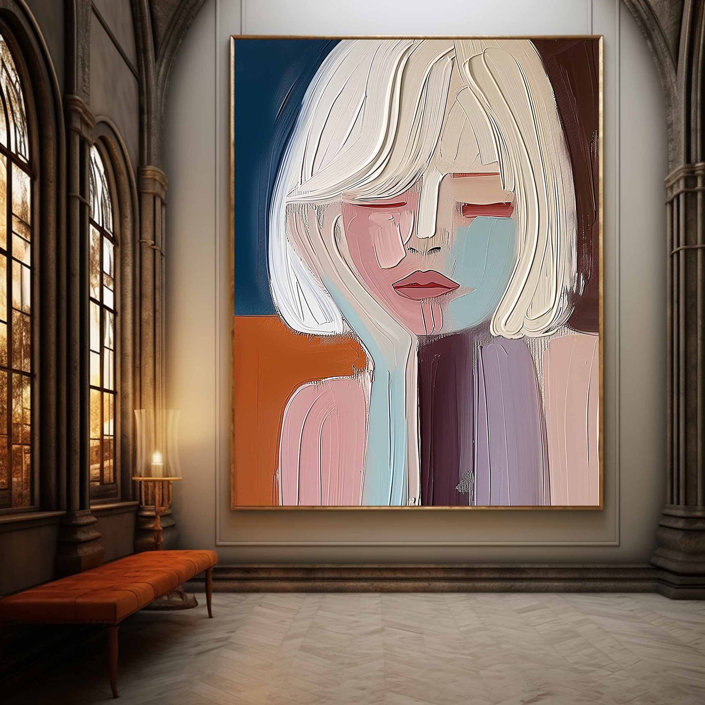 Contemporary Abstract Oil Painting of a Thoughtful Woman in Soft Colors