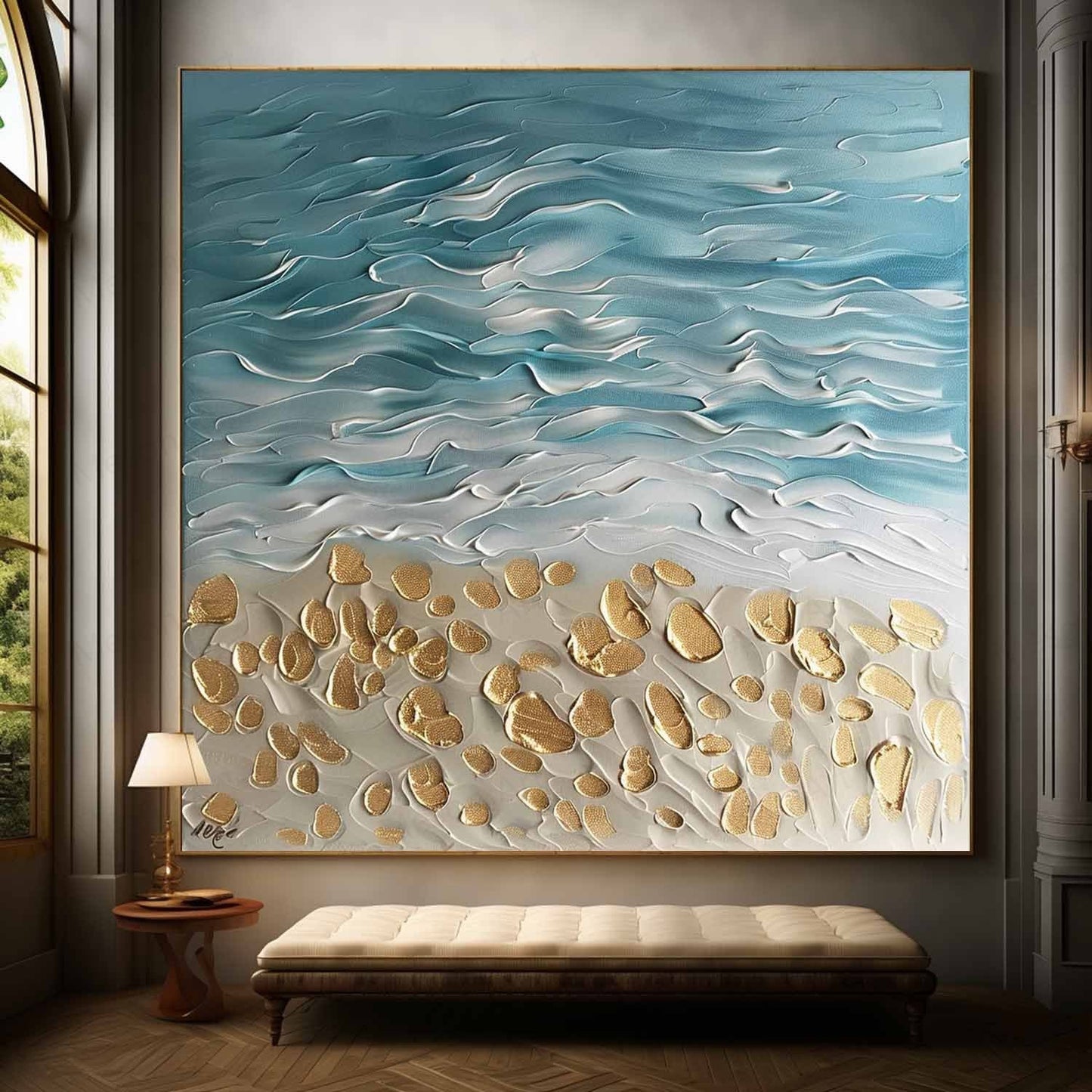 Coastal Serenity Textured Oil Painting with Waves and Golden Sand Accents