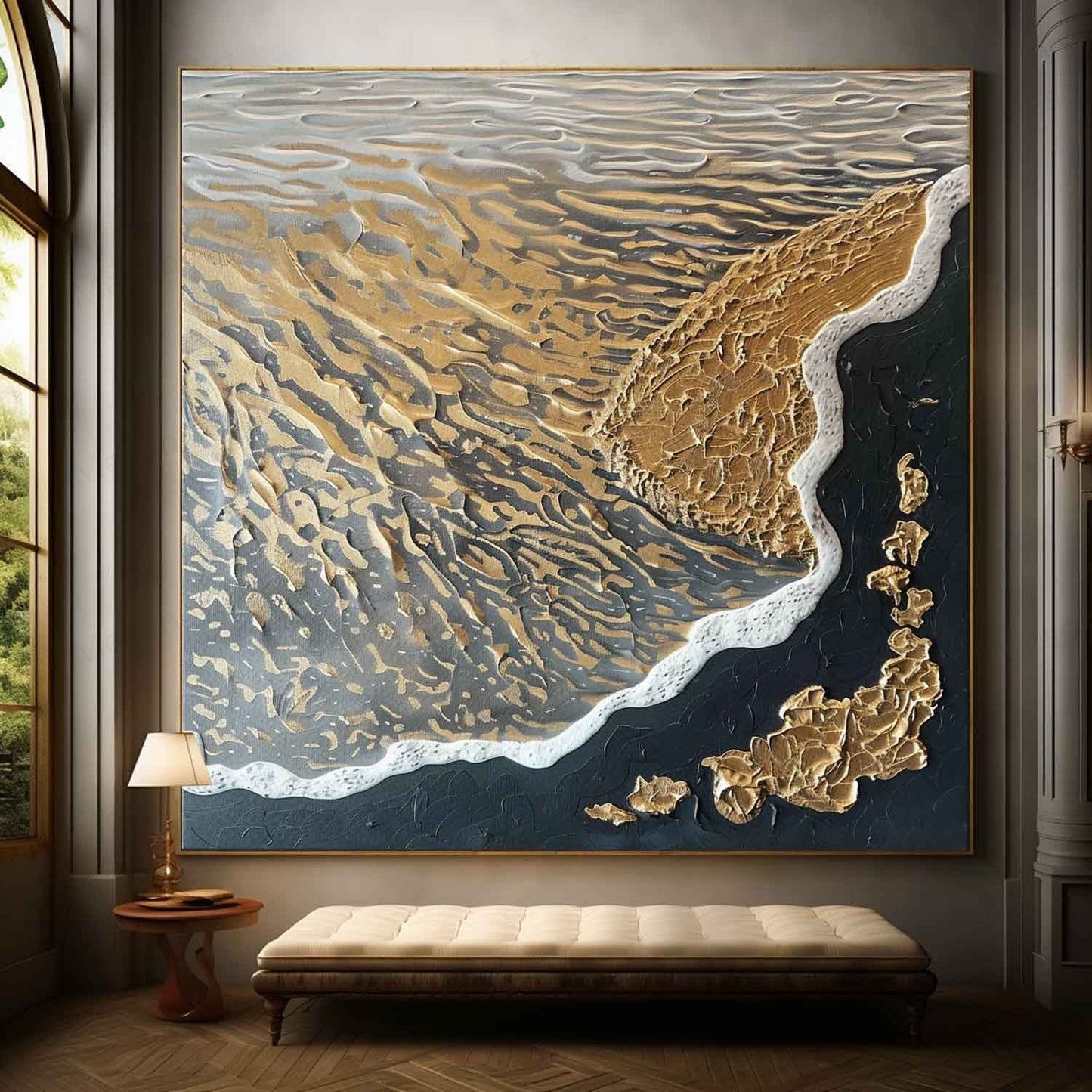 Textured Abstract Oil Painting of Waves and Shoreline in Gold and Black Tones