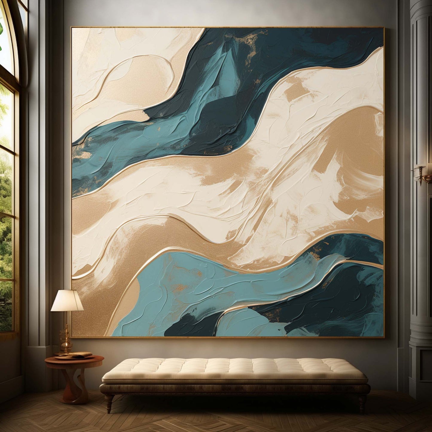 Elegant Textured Waves Oil Painting in Gold and Teal Tones