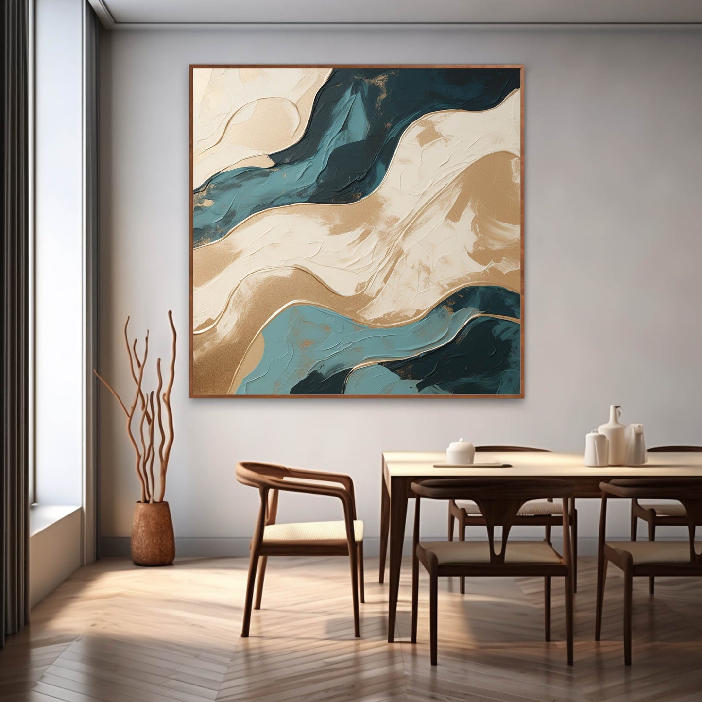 Elegant Textured Waves Oil Painting in Gold and Teal Tones