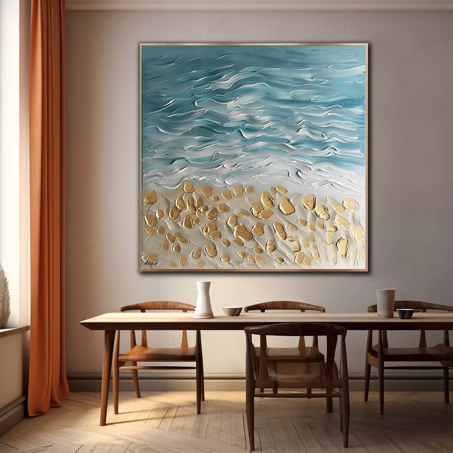Coastal Serenity Textured Oil Painting with Waves and Golden Sand Accents