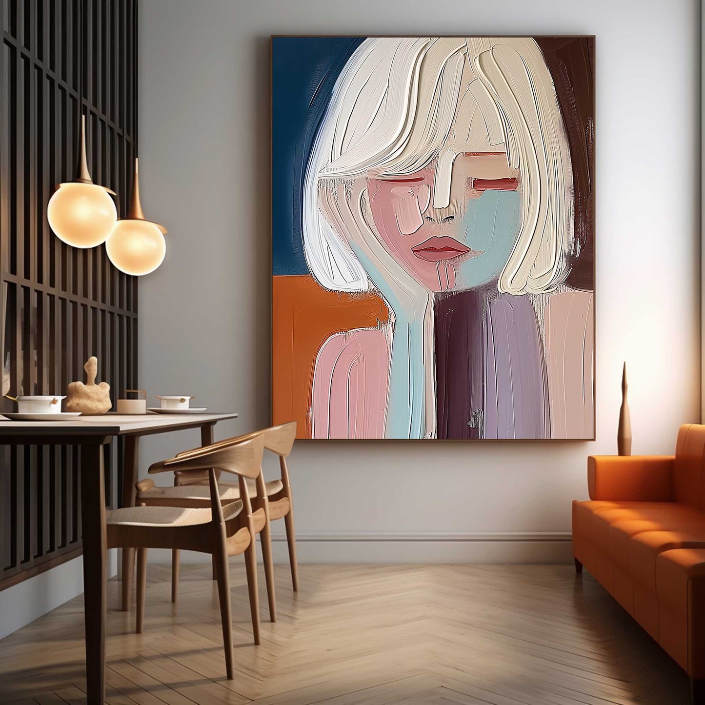 Contemporary Abstract Oil Painting of a Thoughtful Woman in Soft Colors