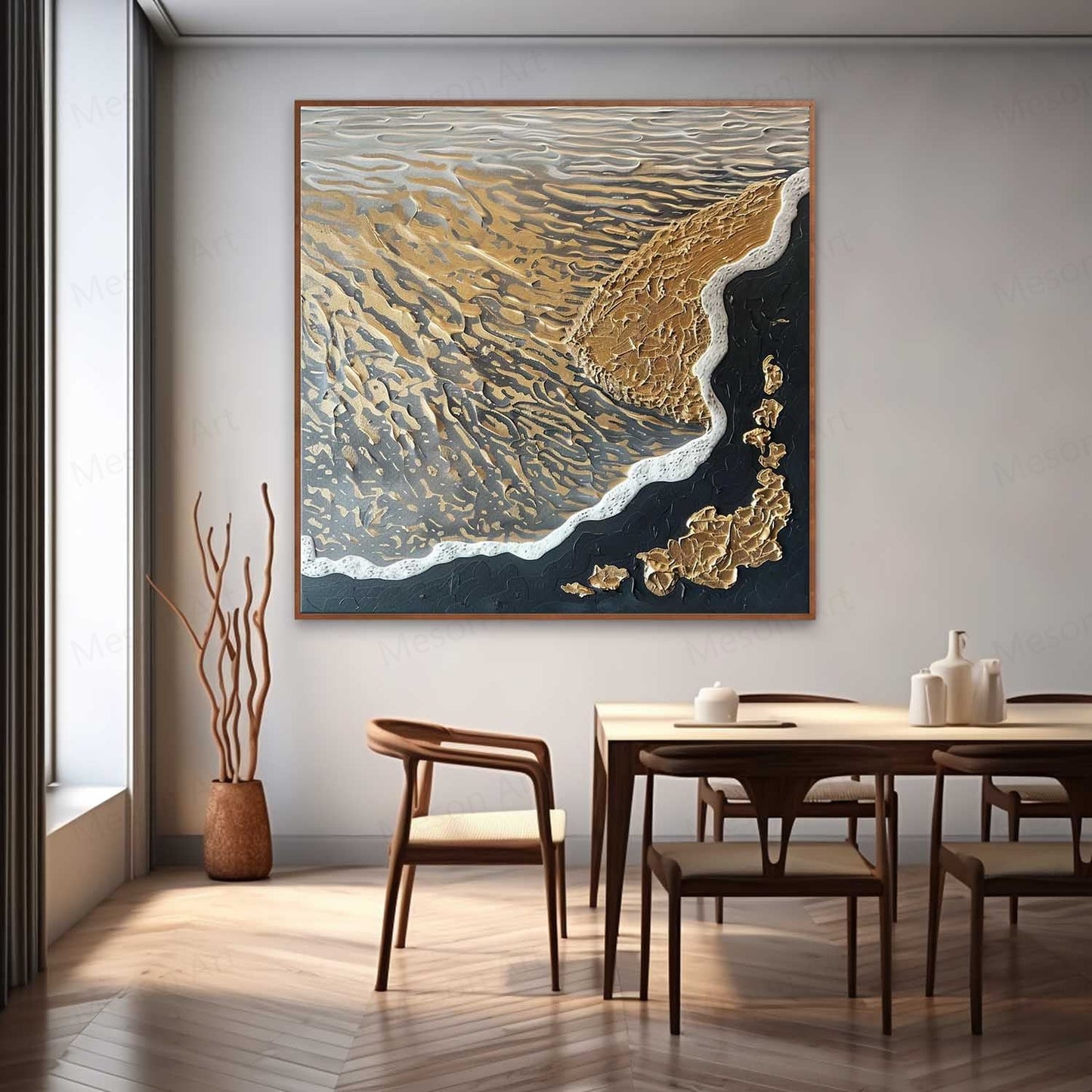 Textured Abstract Oil Painting of Waves and Shoreline in Gold and Black Tones