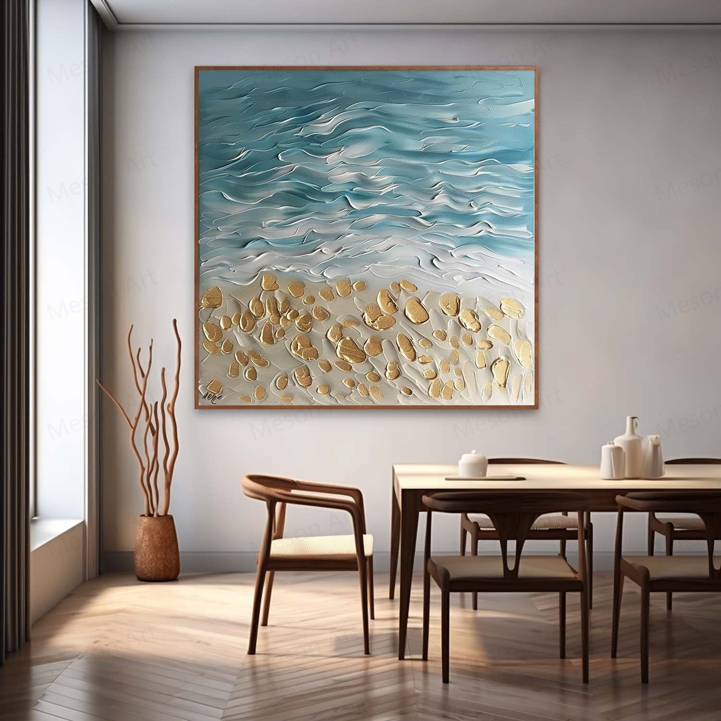 Coastal Serenity Textured Oil Painting with Waves and Golden Sand Accents