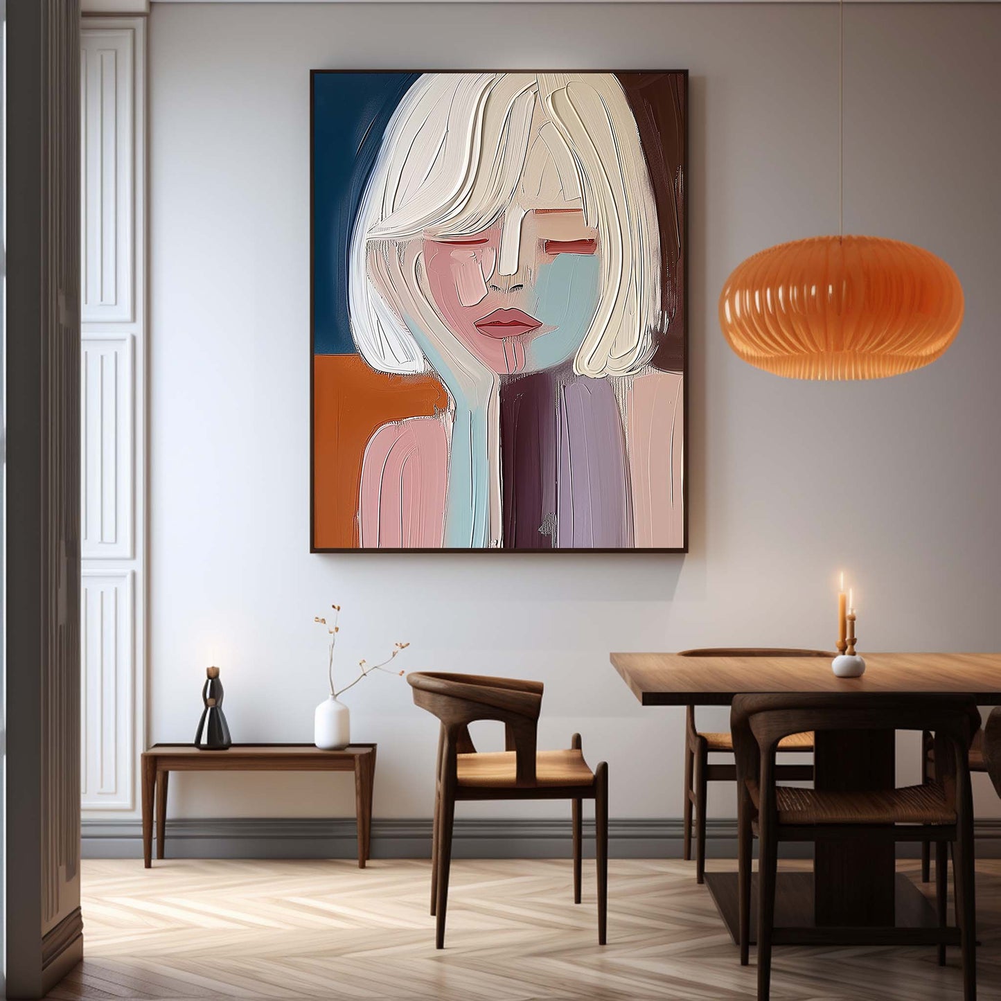 Contemporary Abstract Oil Painting of a Thoughtful Woman in Soft Colors